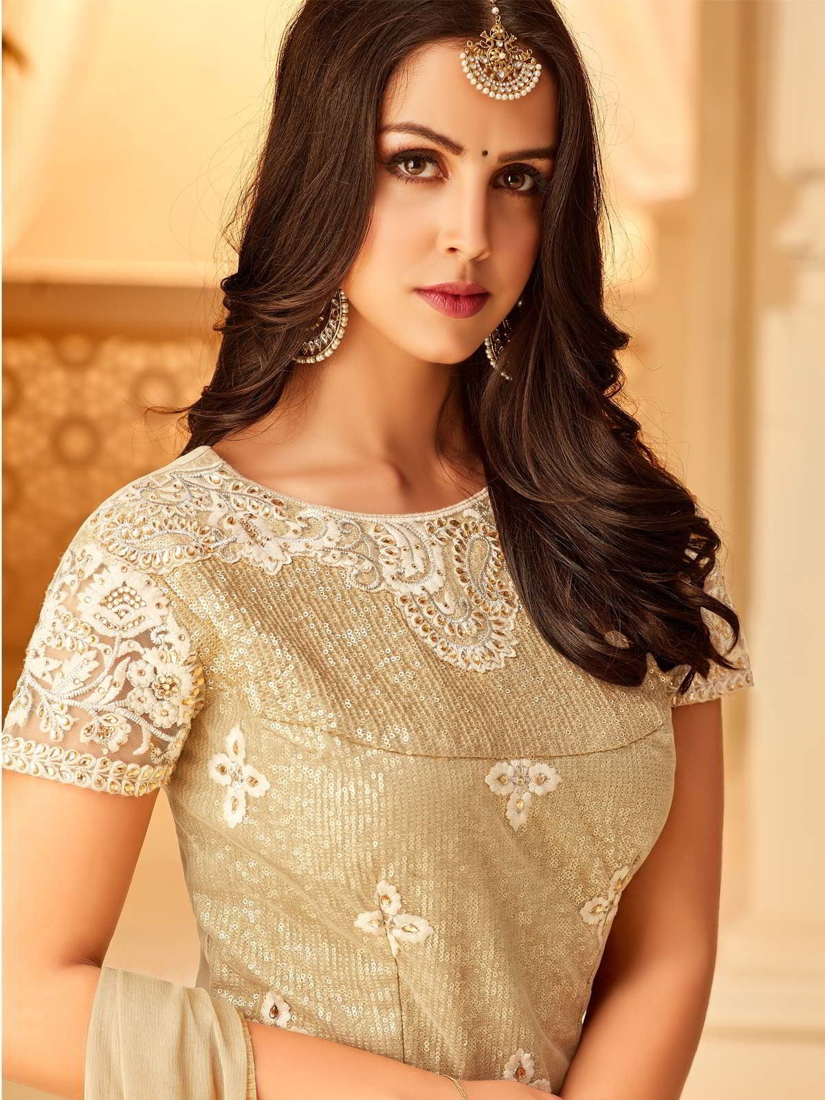 Beige And Gold Embroidered Palazzo Suit