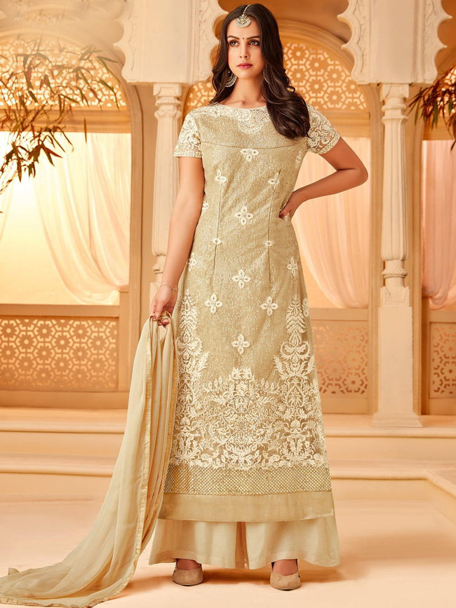 Beige And Gold Embroidered Palazzo Suit
