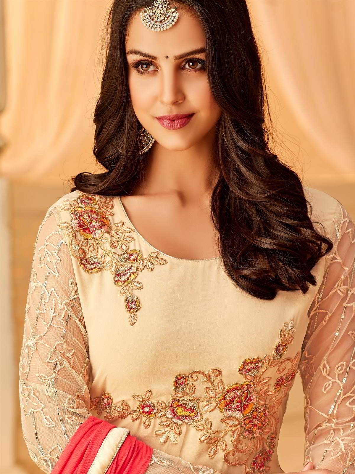 Cream And Pink Designer Palazzo Suit