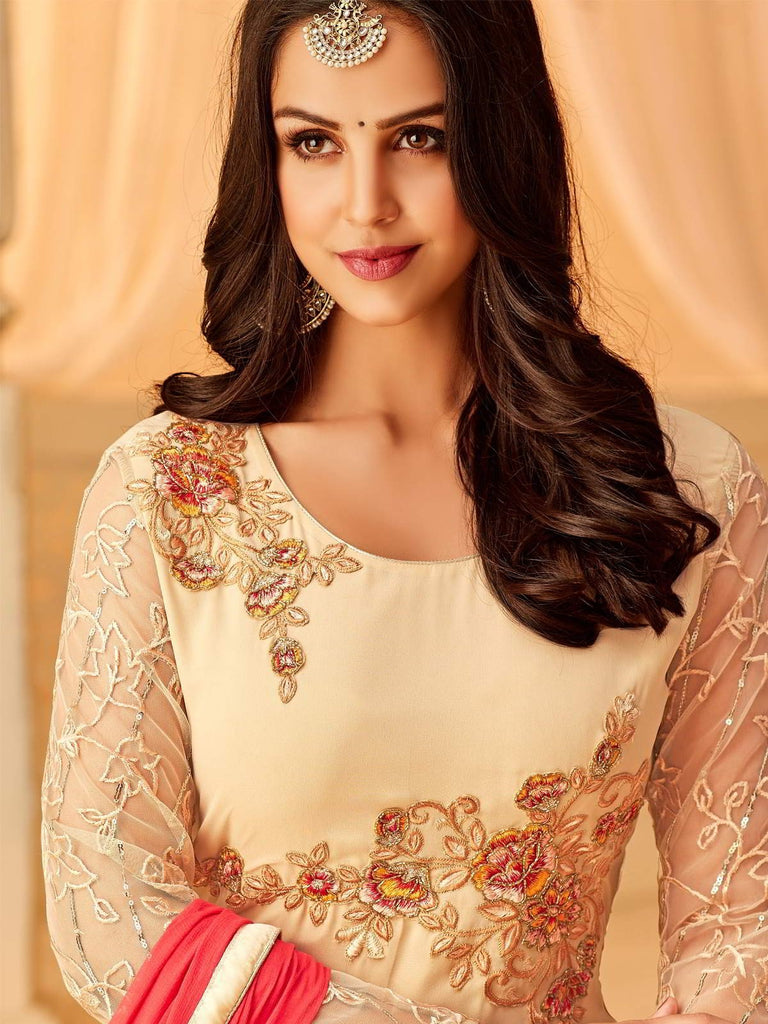 Cream And Pink Designer Palazzo Suit