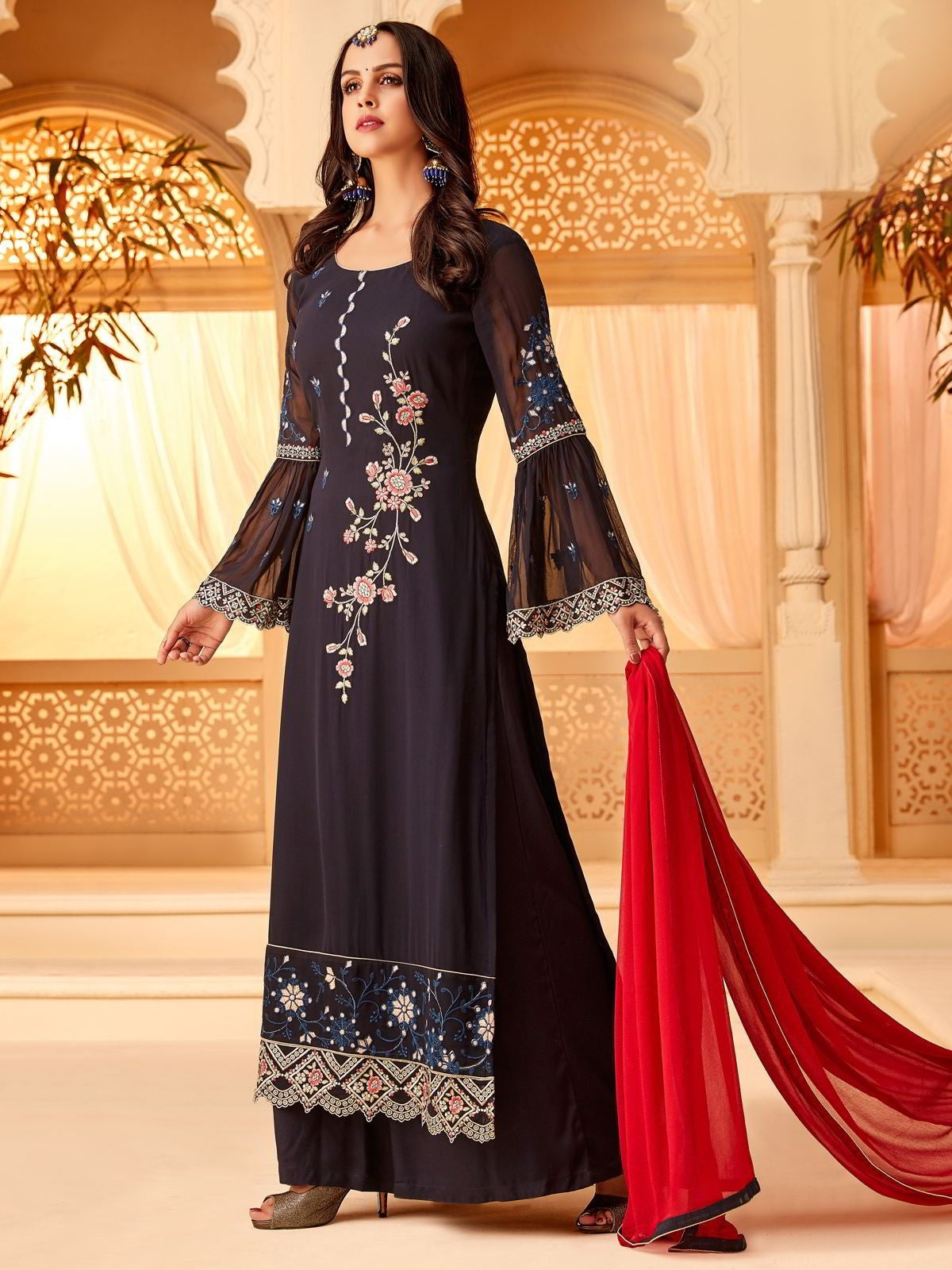 Blue Overall Multi Designer Palazzo Suit