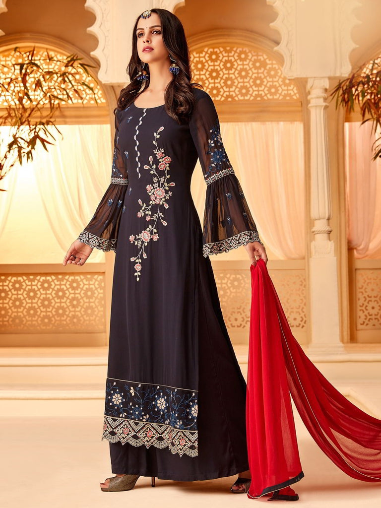Blue Overall Multi Designer Palazzo Suit