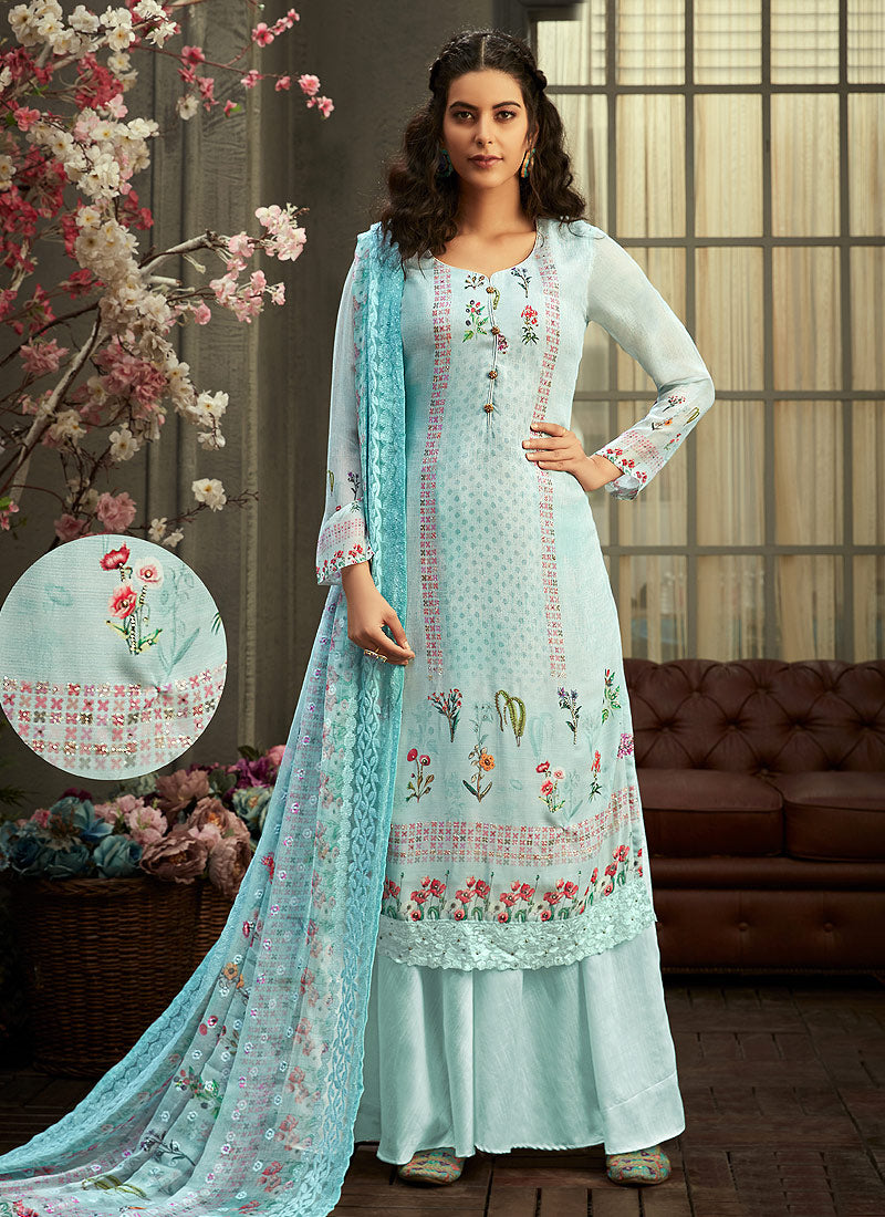 Sky Blue Multi Embroidered Palazzo Suit