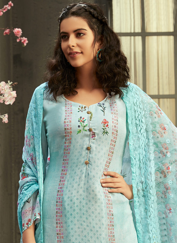 Indian Clothes - Sky Blue Multi Embroidered Palazzo Suit