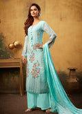 Aqua Blue Embroidered Pakistani Palazzo Suit