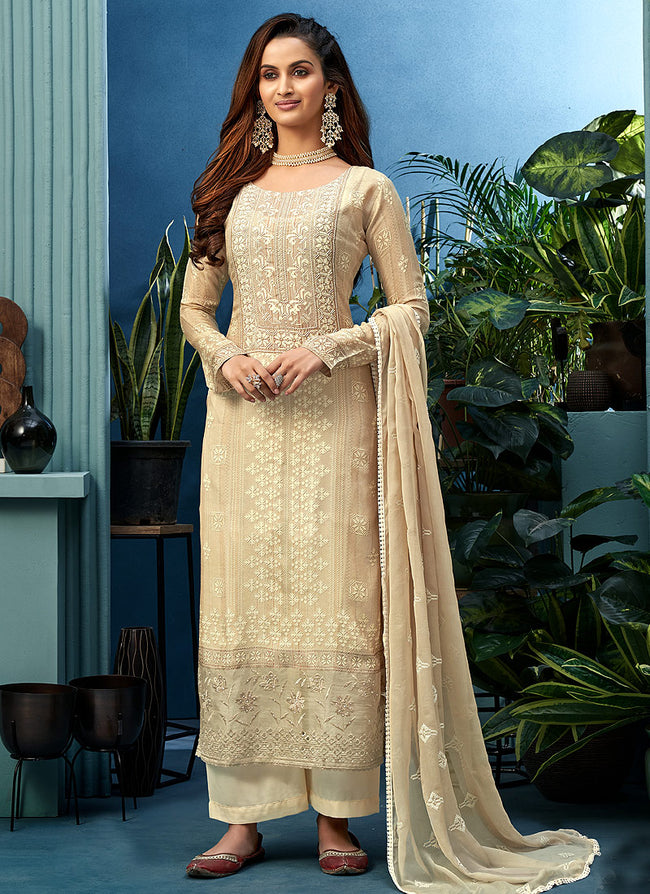 Beige Pearl Embroidered Palazzo Suit
