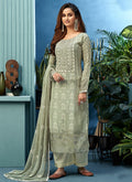 Olive Green Pearl Embroidered Palazzo Suit