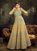 Gold And Teal Embroidered Anarkali Suit