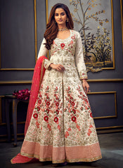 White And Pink High Slit Embroidered Anarkali Suit
