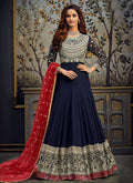 Navy Blue And Red Embroidered Anarkali Suit