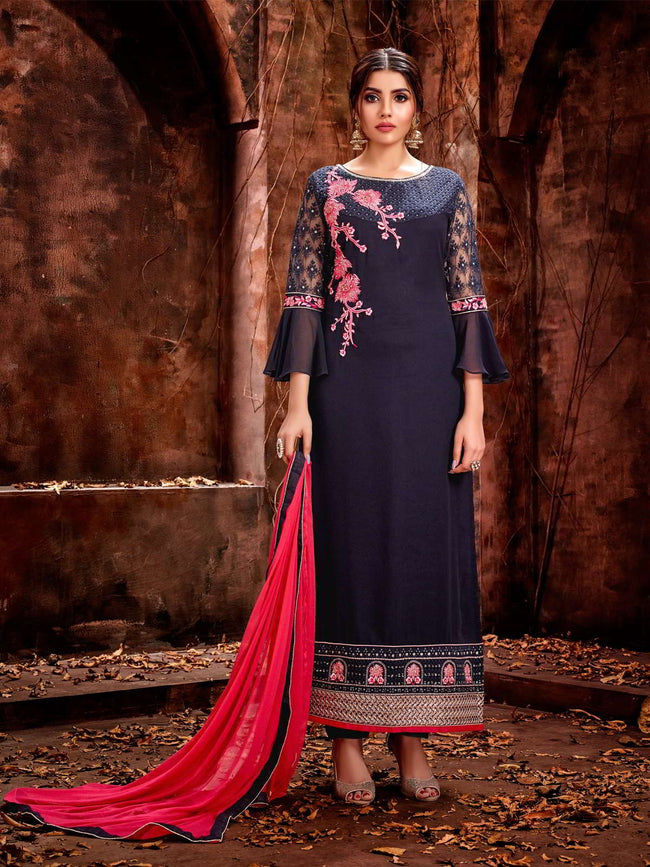 Blue And Pink Traditional Pakistani Pant Suit