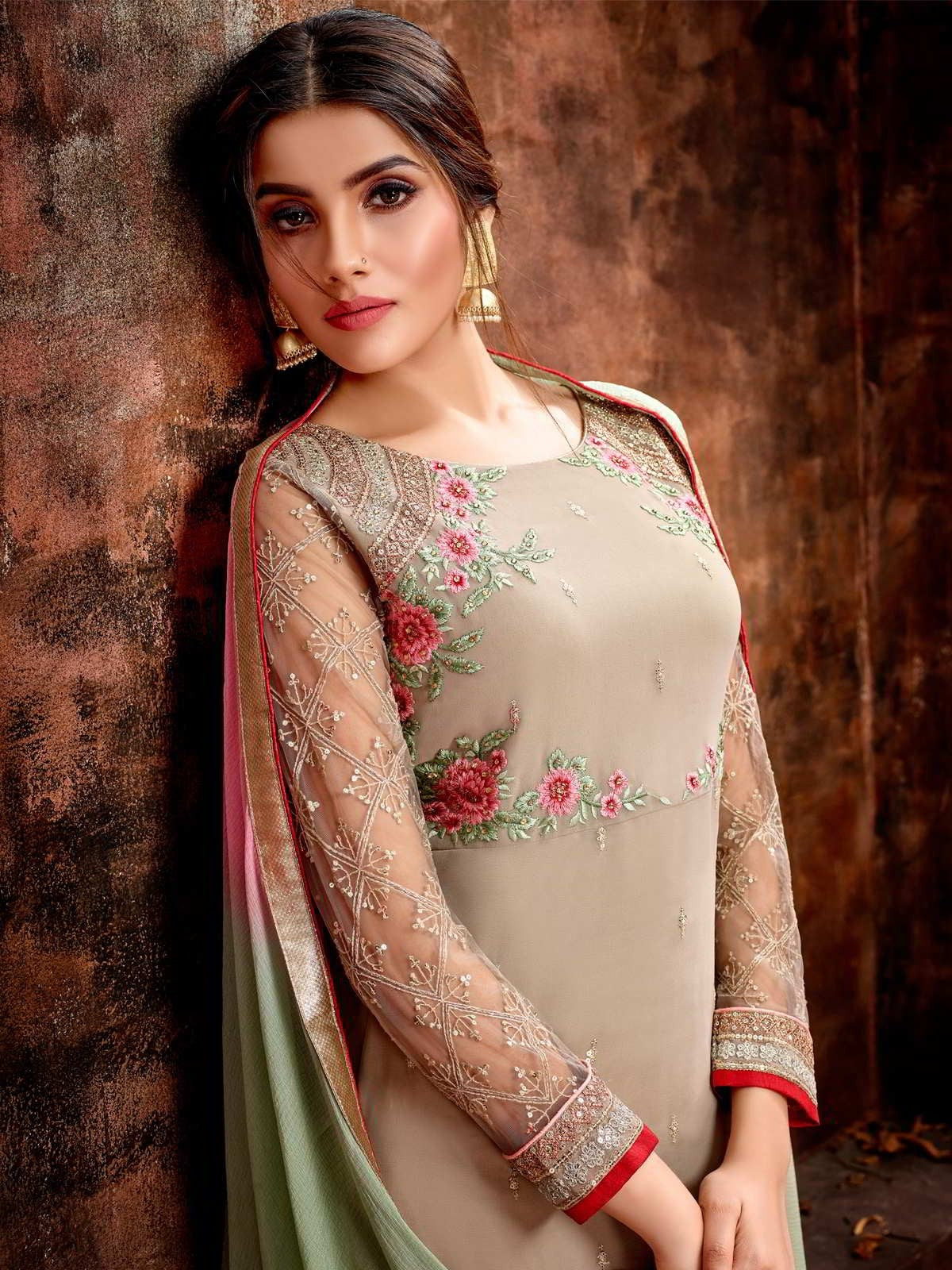 Beige Multi Colour Traditional Pakistani Pant Suit
