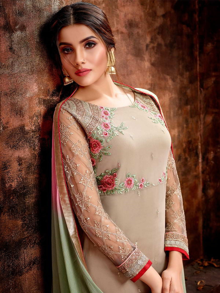 Beige Multi Colour Traditional Pakistani Pant Suit