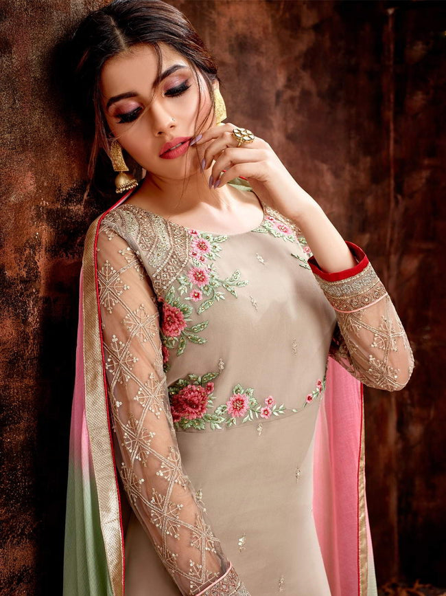 Trendy Salwar Suit Embroidered Chinon in Multi Colour -