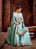 Aqua Blue Golden Traditional Pakistani Palazzo Suit