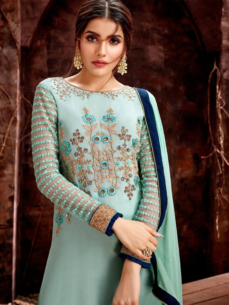 Aqua Blue Golden Traditional Pakistani Palazzo Suit