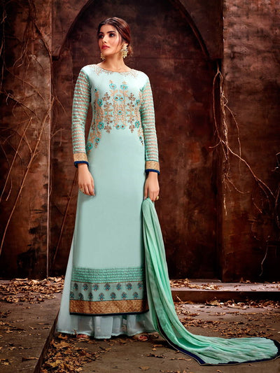 Aqua Blue Golden Traditional Pakistani Palazzo Suit