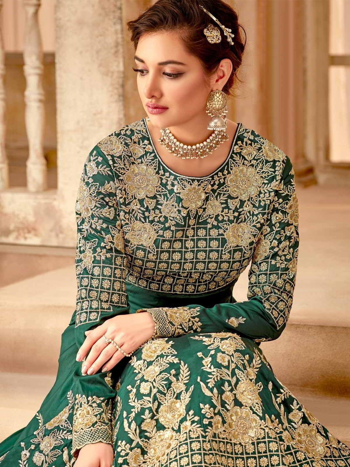 Dark Green And Gold Flared Anarkali Suit