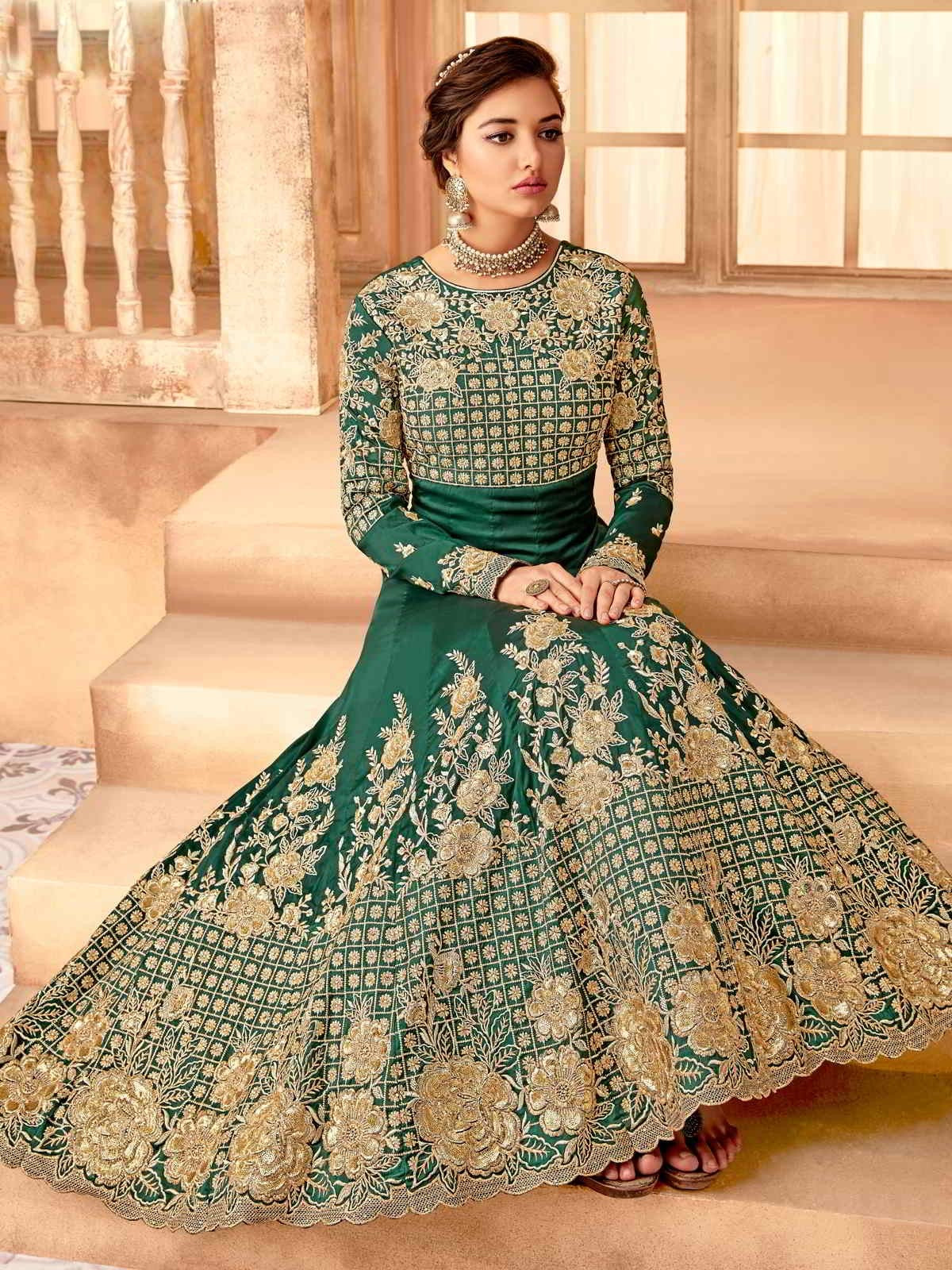 Dark Green And Gold Flared Anarkali Suit