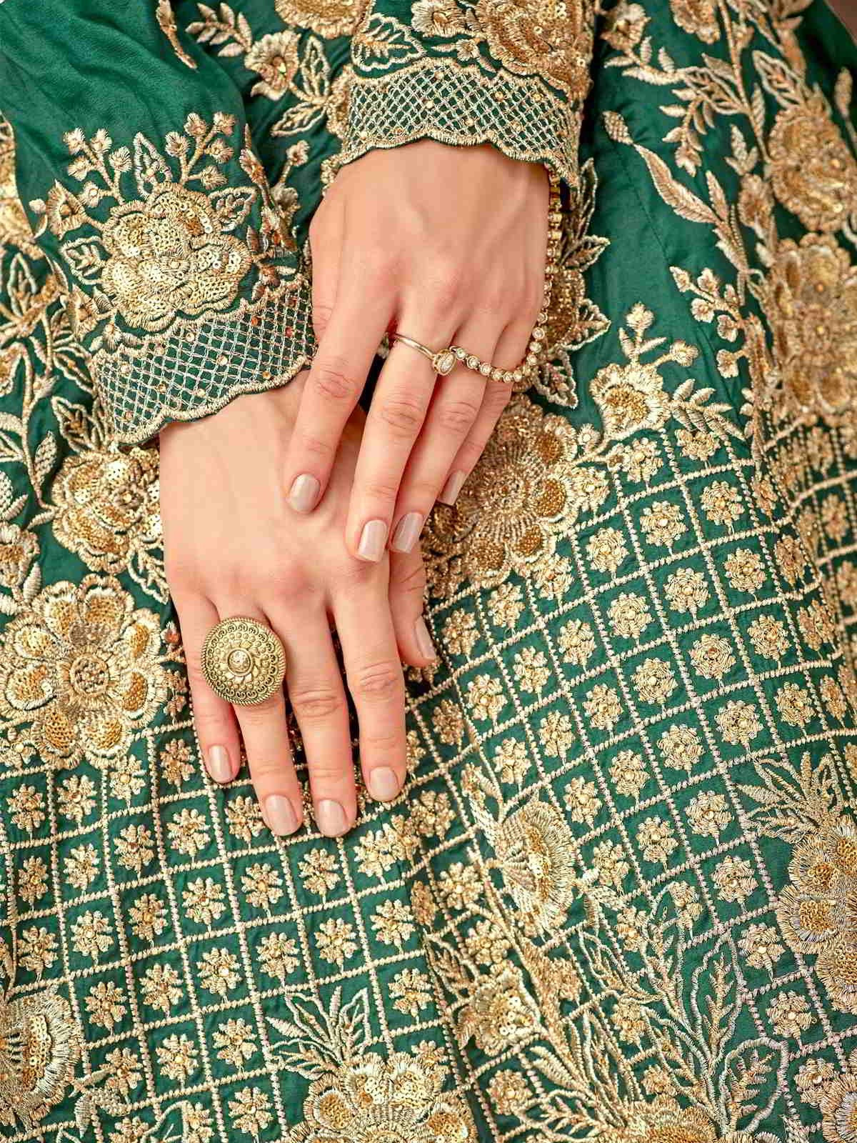Dark Green And Gold Flared Anarkali Suit