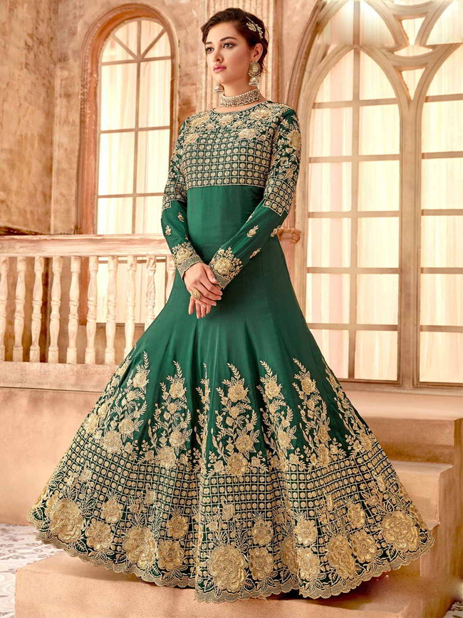Dark Green And Gold Flared Anarkali Suit