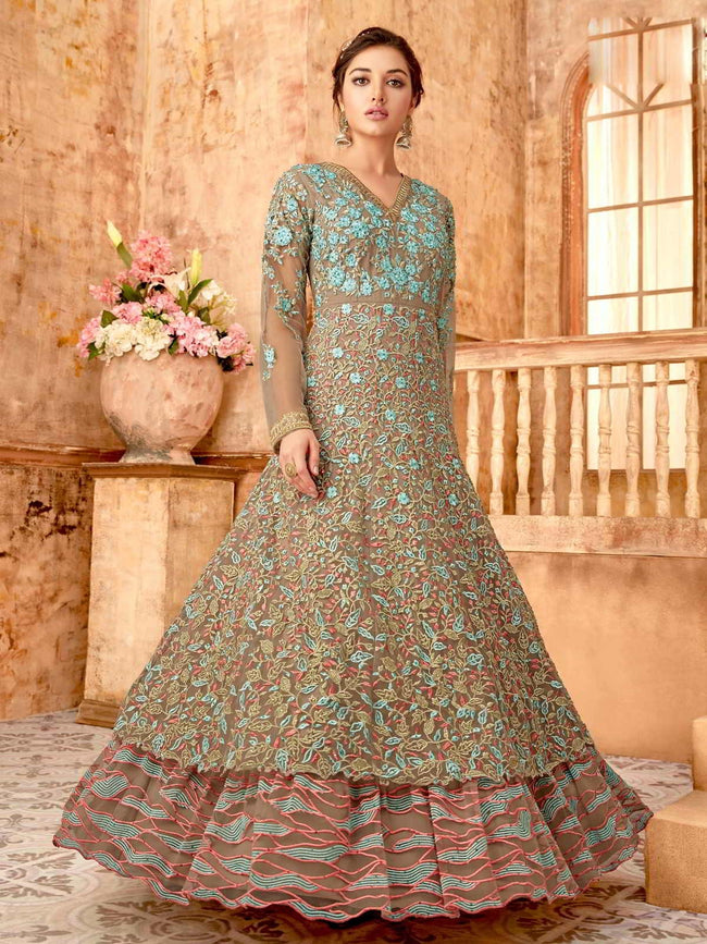 Brown And Blue Layered Anarkali Suit