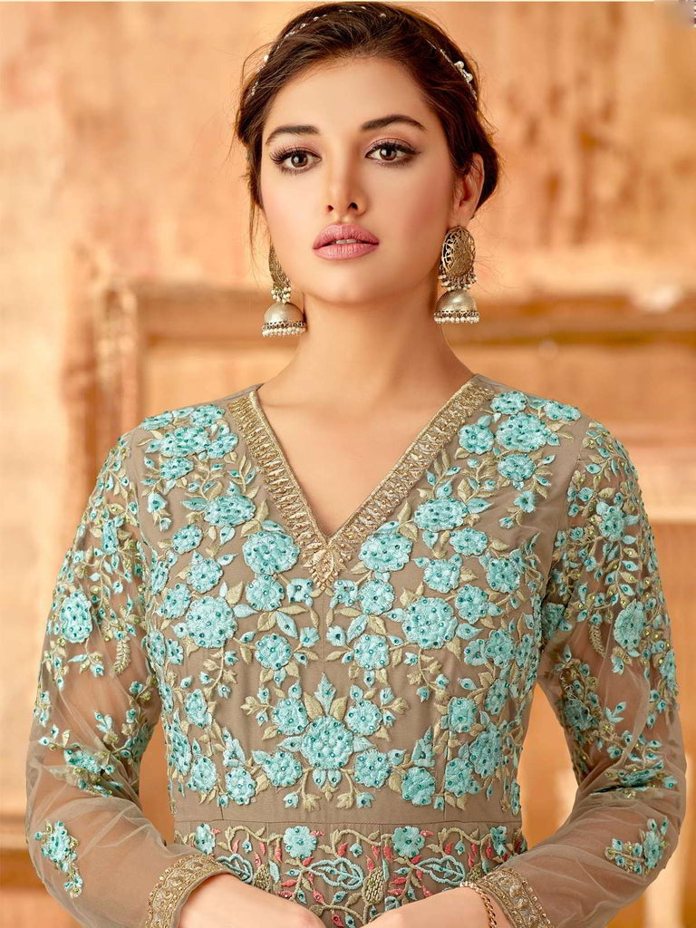 Brown And Blue Layered Anarkali Suit