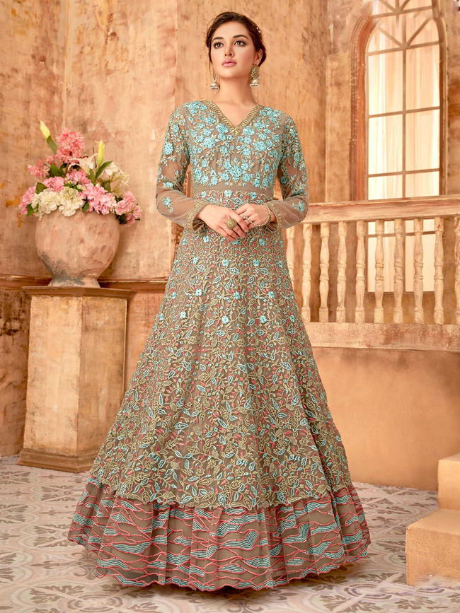 Brown And Blue Layered Anarkali Suit