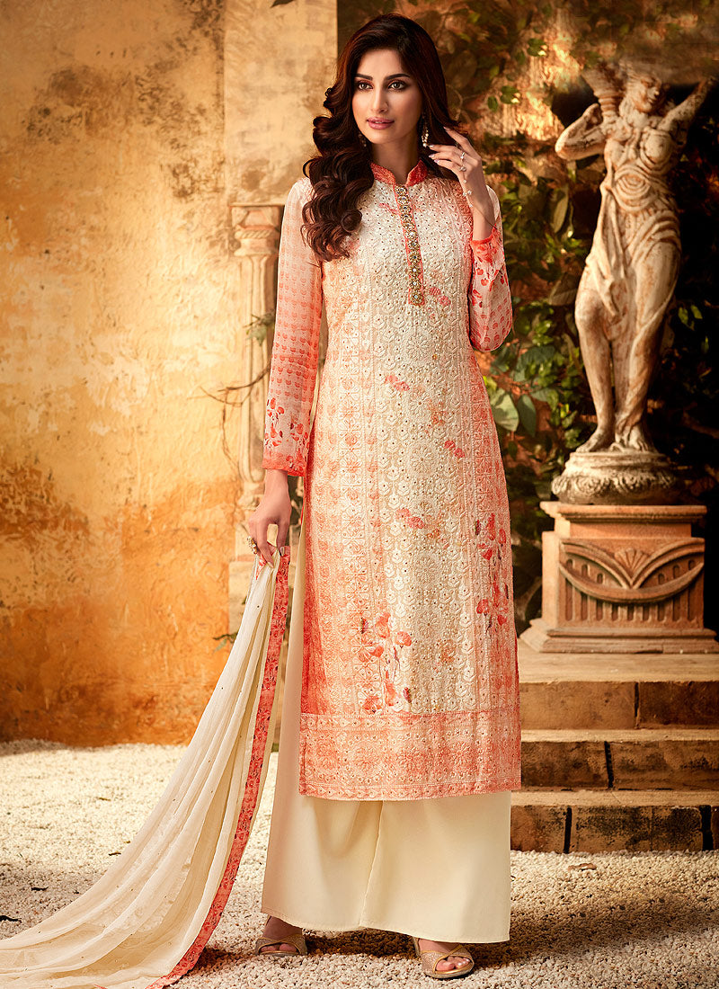 Orange And Cream Multi Embroidered Palazzo Suit