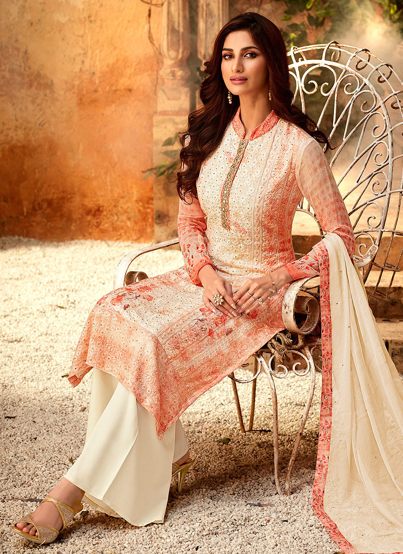 Orange And Cream Multi Embroidered Palazzo Suit