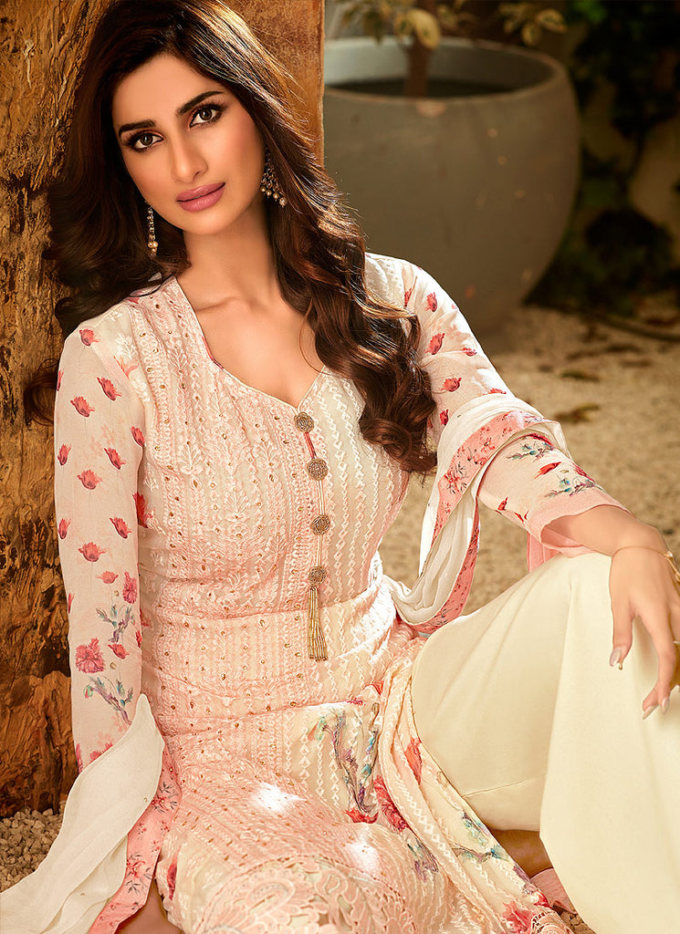 Peach And Cream Multi Embroidered Palazzo Suit