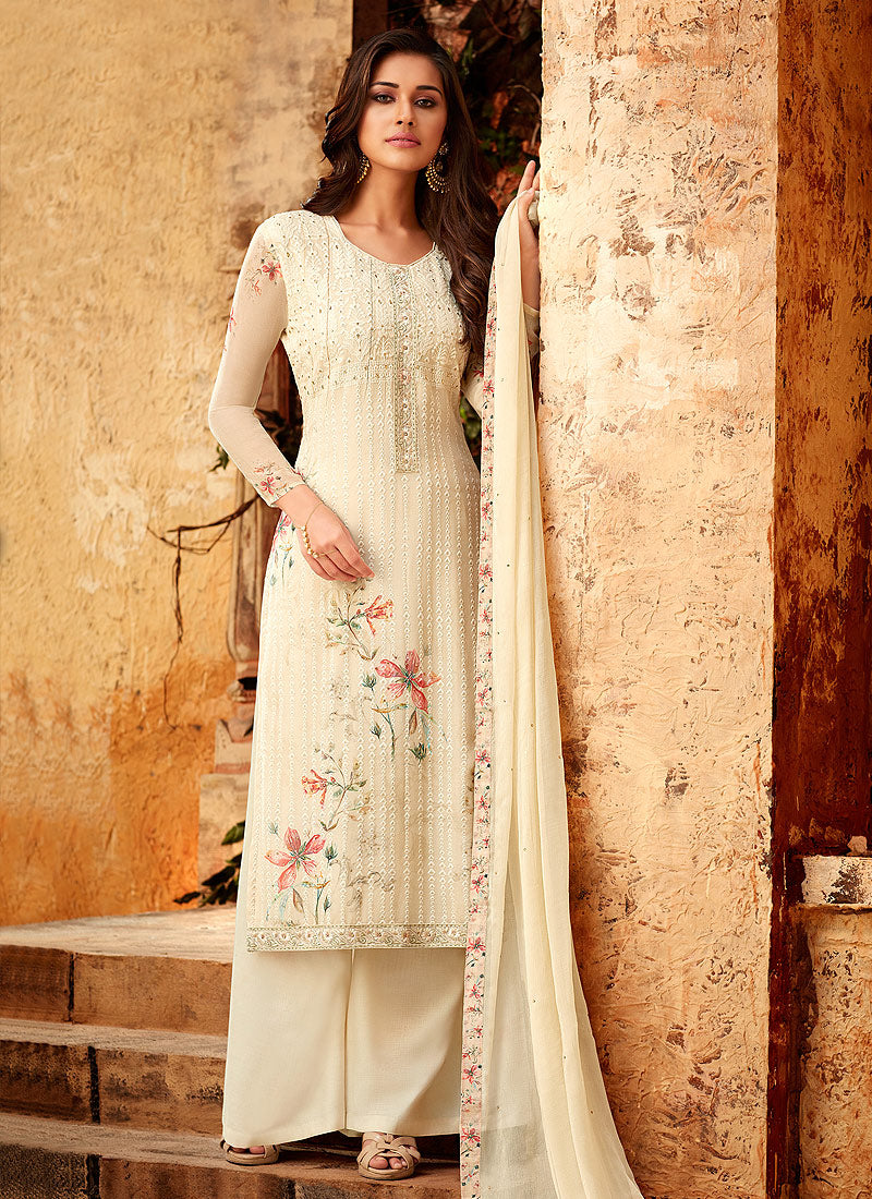 Beige Overall Multi Embroidered Designer Palazzo Suit