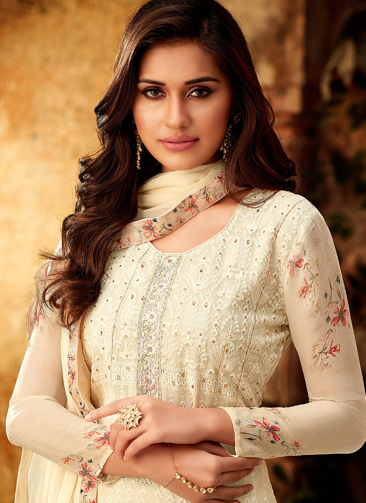 Beige Overall Multi Embroidered Designer Palazzo Suit