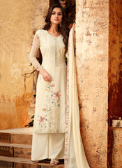 Beige Overall Multi Embroidered Designer Palazzo Suit
