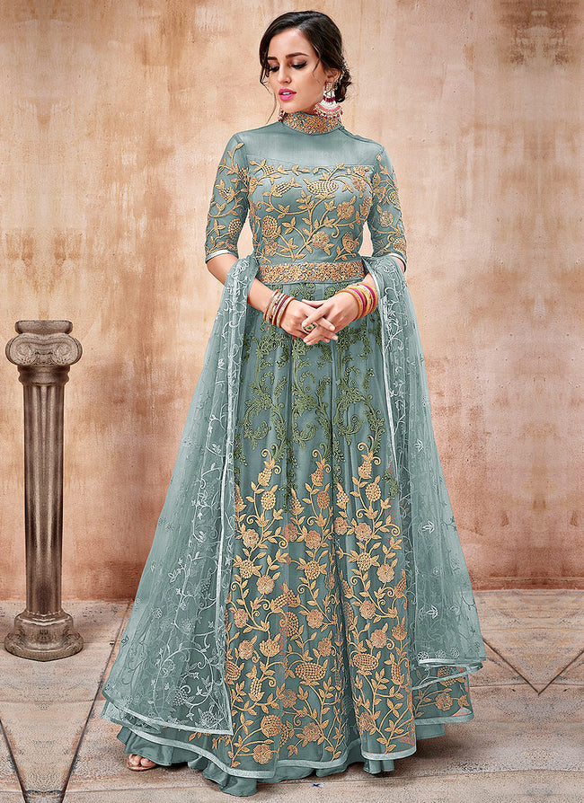 Indian Clothes - Light Blue Embroidered Flared Anarkali Suit