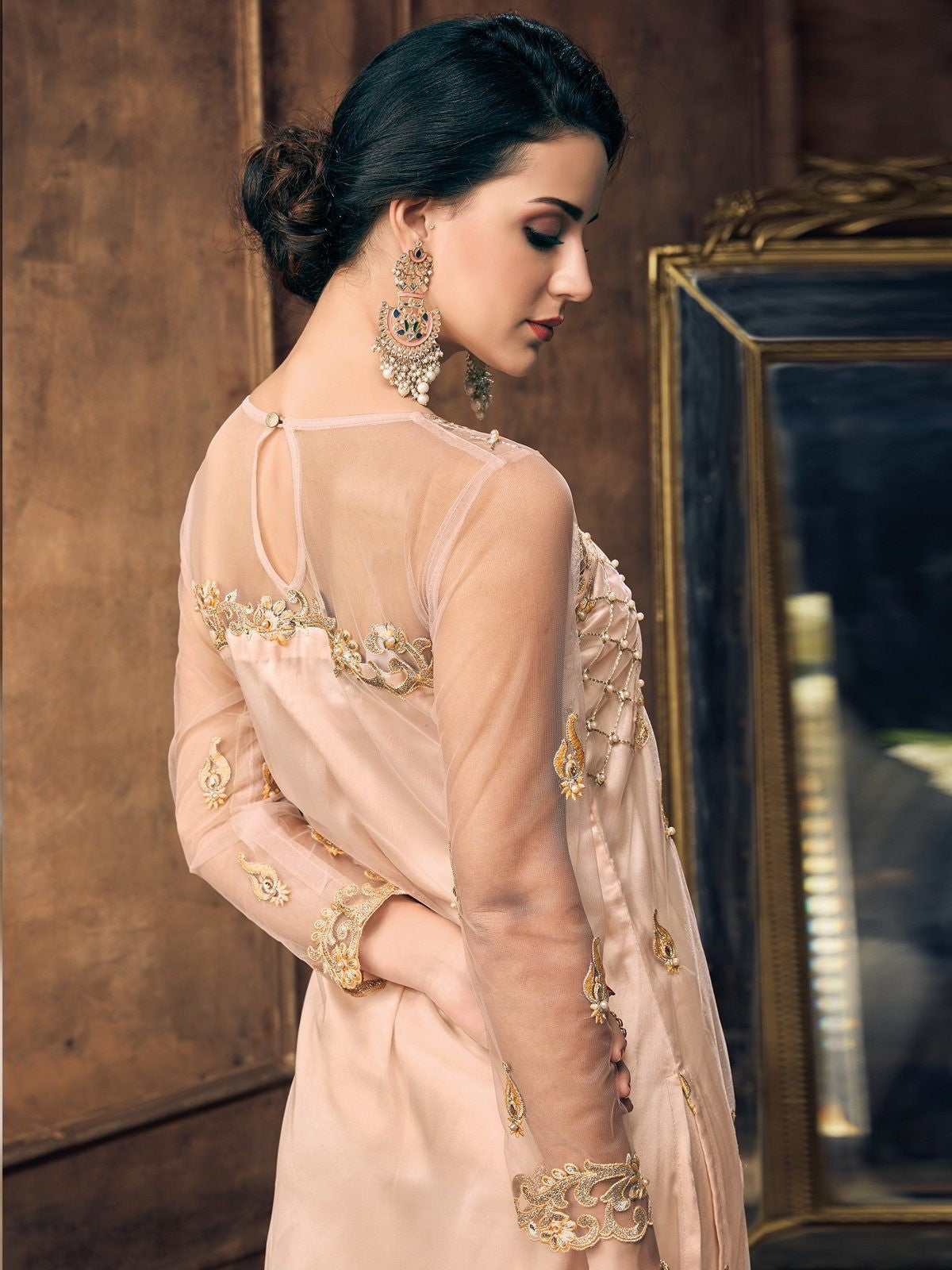 Light Peach Pearl Embellished Pakistani Pant Suit
