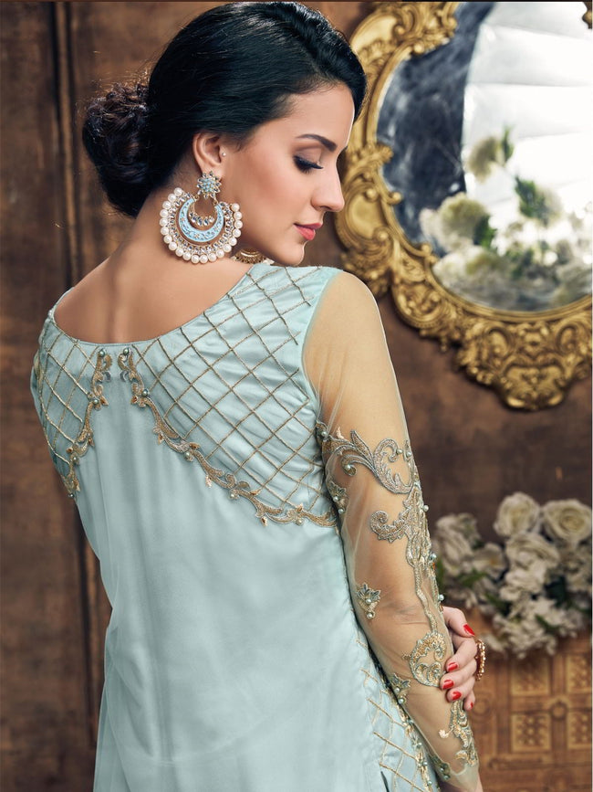 Light Blue Embroidery And Pearl Embellished Pakistani Pant Suit