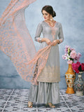 Grey And Peach Lucknowi Embroidered Ethnic Palazzo Suit