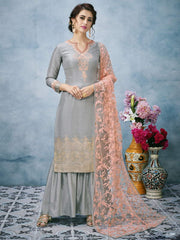 Grey And Peach Lucknowi Embroidered Ethnic Palazzo Suit