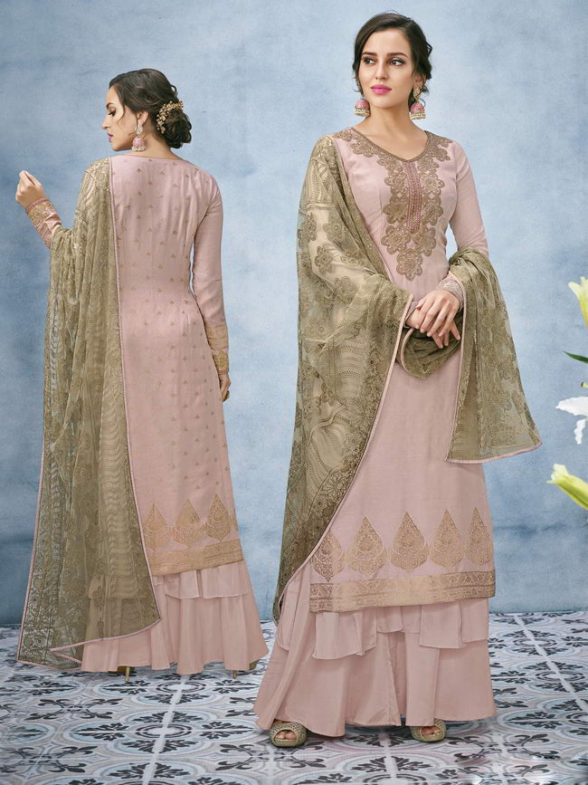 Mauve And Green Lucknowi Embroidered Ethnic Palazzo Suit