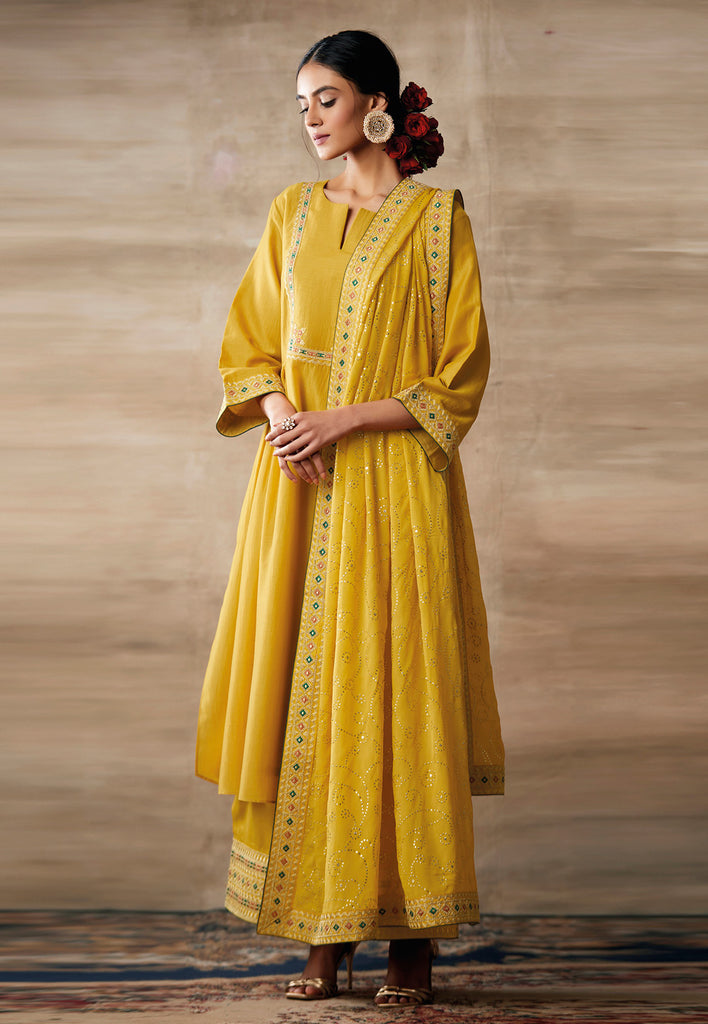 Yellow Embroidered Designer Palazzo Suit