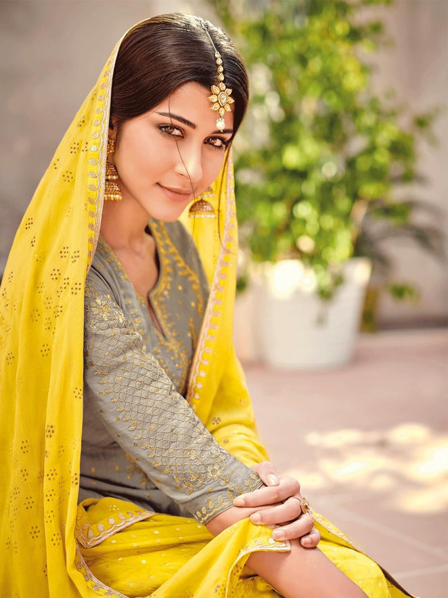 Grey And Yellow Embroidered Gharara Palazzo Suit