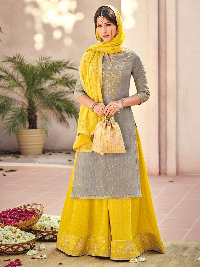 Grey And Yellow Embroidered Gharara Palazzo Suit