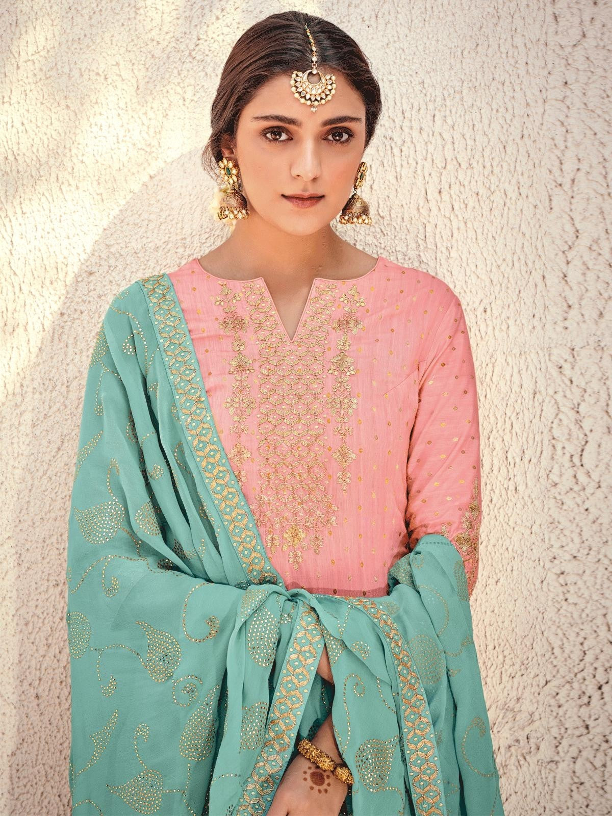 Pale Pink And Turquoise Embroidered Gharara Palazzo Suit