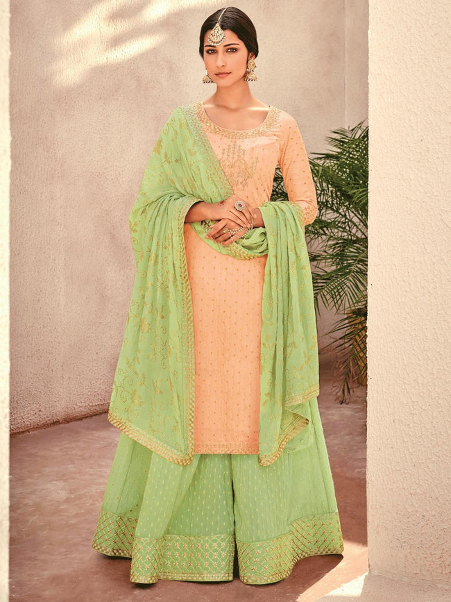 Pale Orange And Green Embroidered Gharara Palazzo Suit