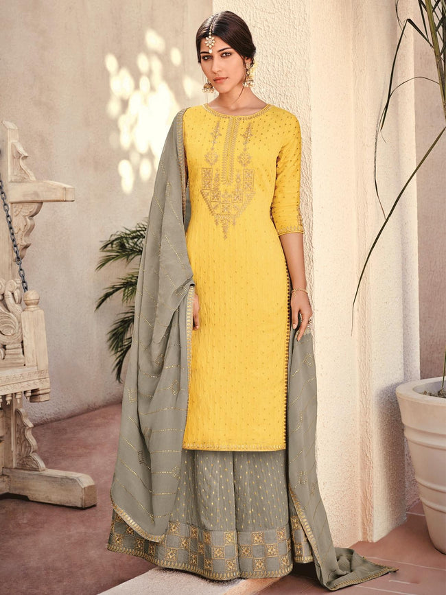 Yellow And Grey Embroidered Gharara Palazzo Suit