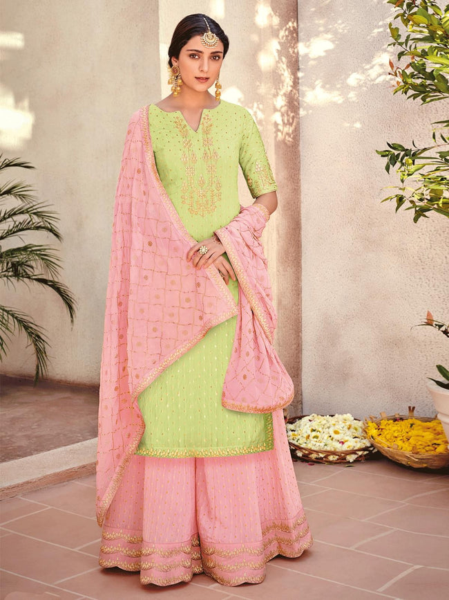 Light Green And Pink Embroidered Gharara Palazzo Suit