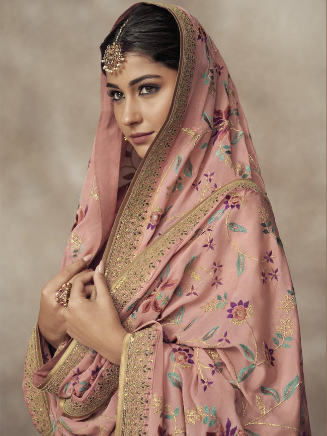 Light Pink Golden Embroidered Silk Palazzo Suit