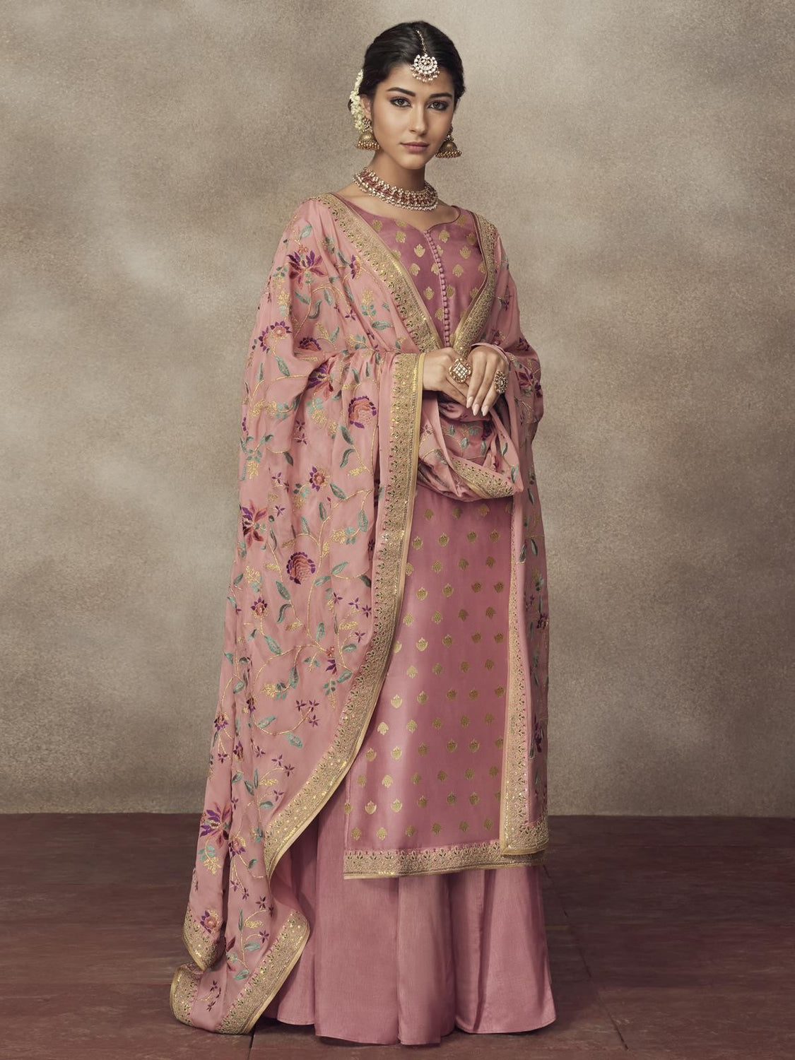 Light Pink Golden Embroidered Designer Silk Palazzo Suit