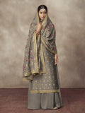 Slate Grey Golden Embroidered Silk Palazzo Suit